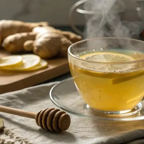 Classic ginger drink made with fresh ginger, honey, and lemon served warm in a clear glass.