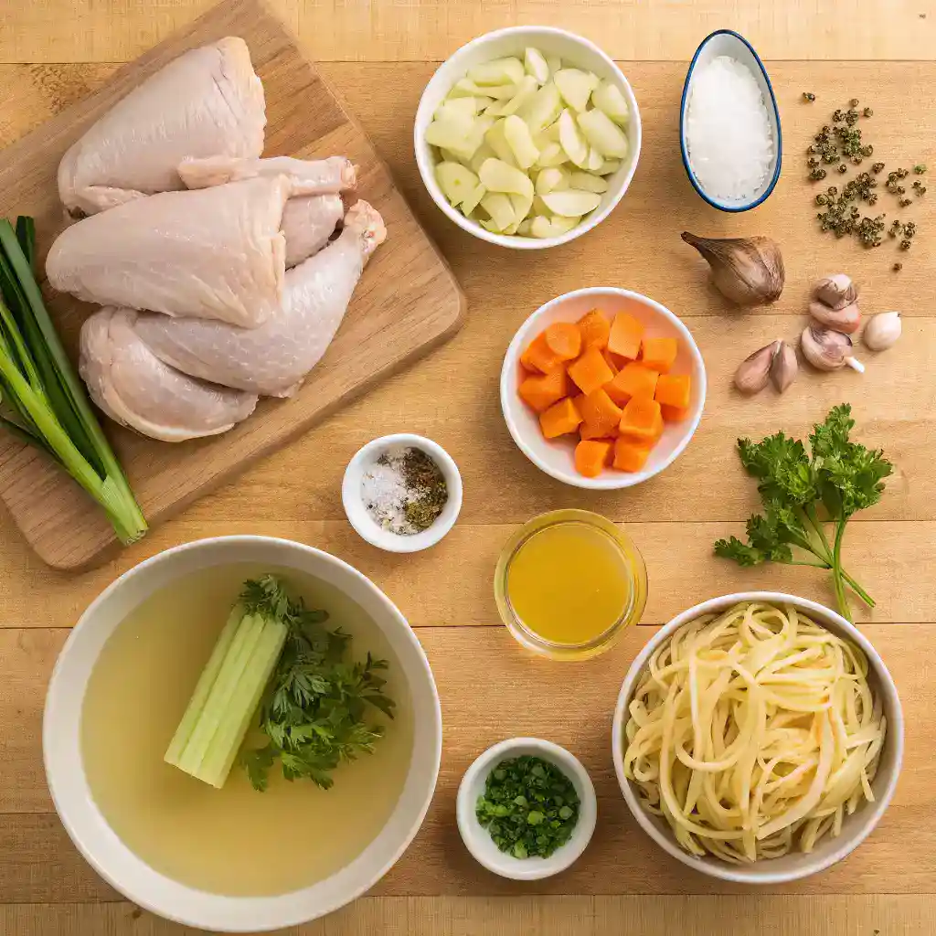 Gluten-free and non-alcoholic ingredients for Healing Chicken Soup ready for cooking