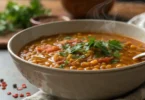 A steaming bowl of healthy vegetarian lentil soup with carrots, celery, and fresh parsley garnish