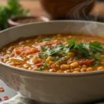 A steaming bowl of healthy vegetarian lentil soup with carrots, celery, and fresh parsley garnish