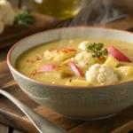 Homemade Cauliflower & Apple Curry Soup served in a rustic bowl, surrounded by fresh ingredients like apples, cauliflower, and curry powder.