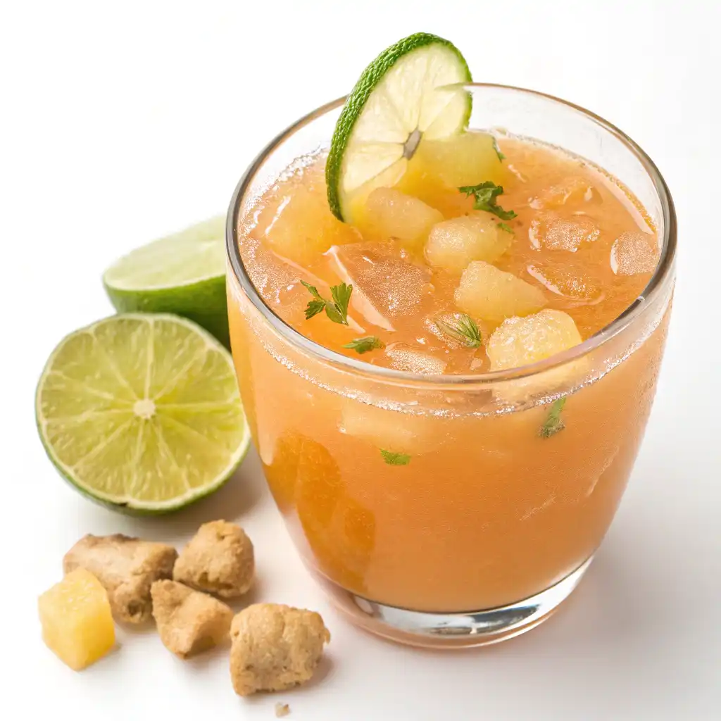 Close-up of a warm cup of ginger drink with floating ginger slices and steam rising.