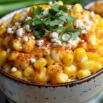 Close-up shot of creamy Mexican street corn showing rich texture, melted cheese, and vibrant spices.