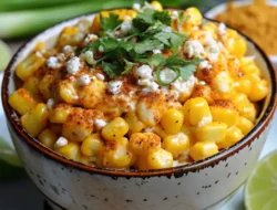 Close-up shot of creamy Mexican street corn showing rich texture, melted cheese, and vibrant spices.