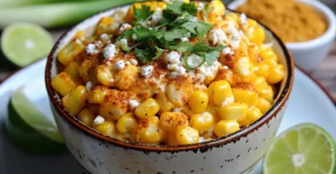 Close-up shot of creamy Mexican street corn showing rich texture, melted cheese, and vibrant spices.