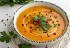 Homemade Spicy Butternut Squash and Sweet Potato soup in a rustic bowl, perfect for cozy nights.