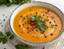 Homemade Spicy Butternut Squash and Sweet Potato soup in a rustic bowl, perfect for cozy nights.