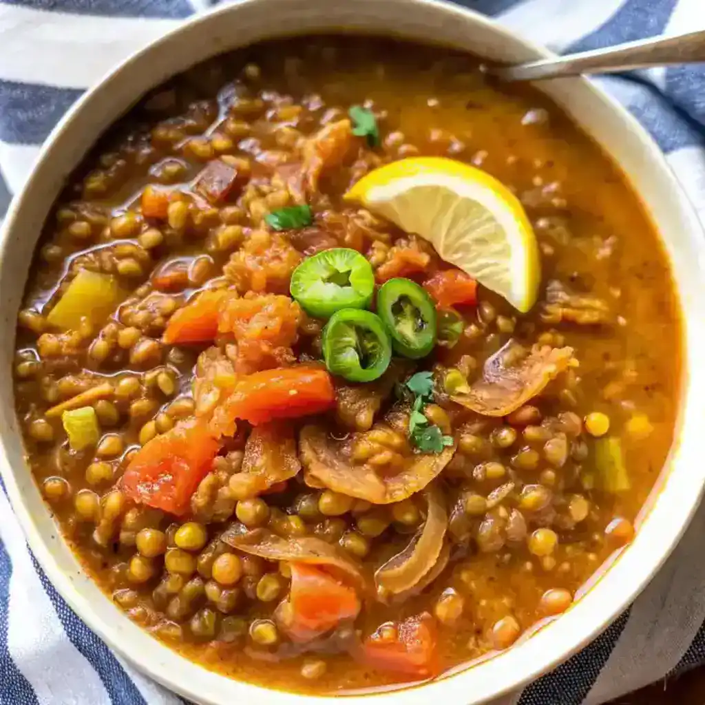 Vegan lentil soup served in a rustic bowl with a lemon wedge and sprig of parsley, perfect for a wholesome plant-based meal