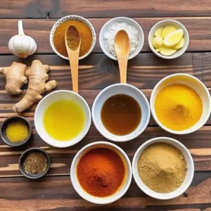 Close-up of honey recipe for memory in a porcelain cup with natural ingredients beside it