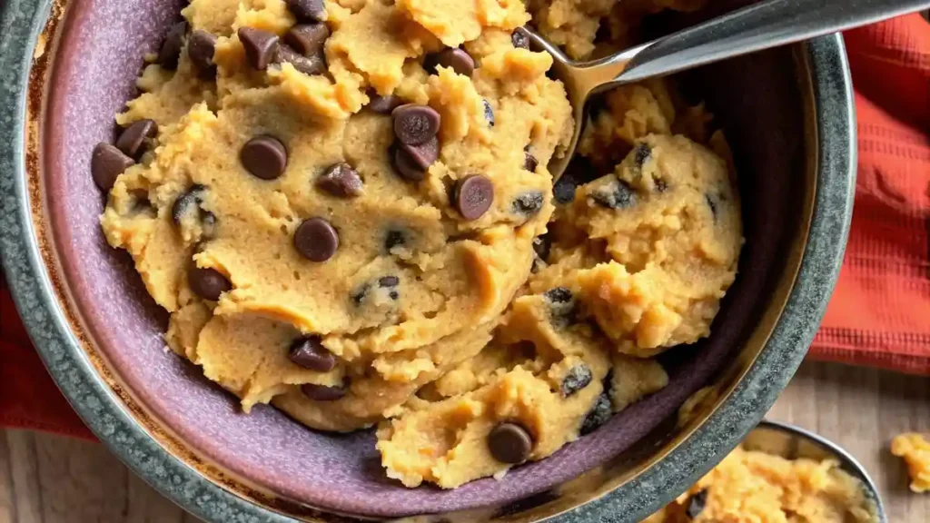 Overhead view of protein cookie dough recipe ingredients including almond flour, protein powder, and chocolate chips on a marble counter
