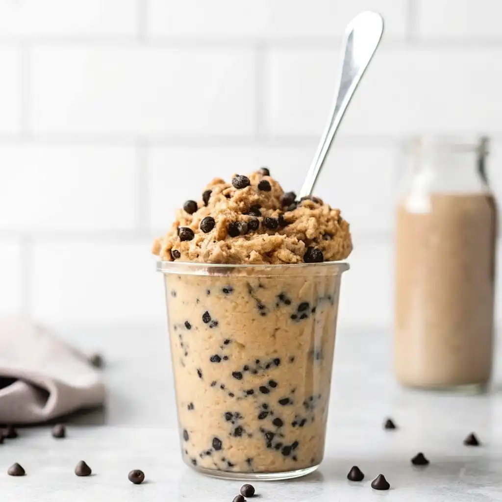 Close-up of creamy peanut butter and vanilla protein powder for a homemade protein cookie dough recipe