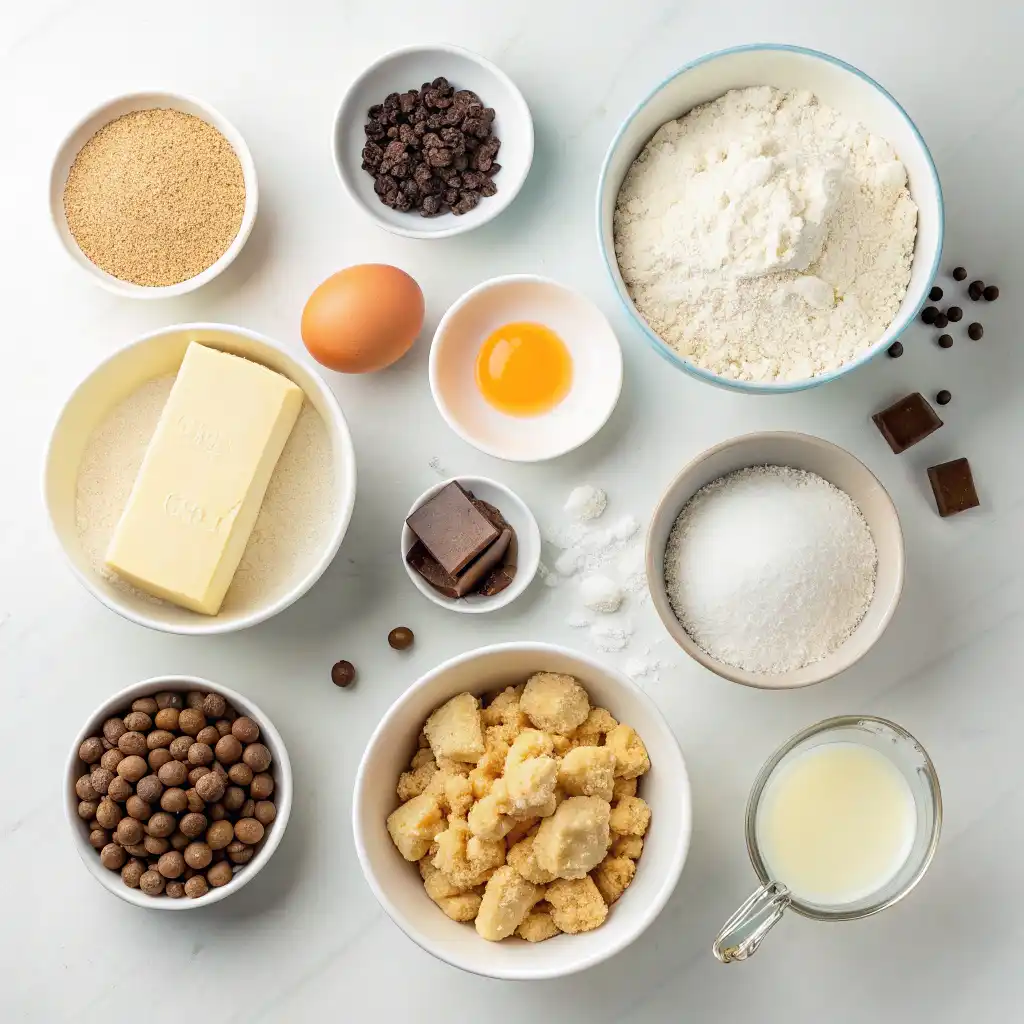 Ingredients for homemade crumbl cookies laid out on a kitchen counter