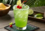 Vibrant green Liquid Maria Juana mocktail in a highball glass garnished with lime and mint, non-alcoholic tropical drink recipe