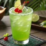 Vibrant green Liquid Maria Juana mocktail in a highball glass garnished with lime and mint, non-alcoholic tropical drink recipe