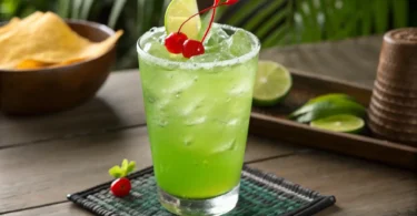 Vibrant green Liquid Maria Juana mocktail in a highball glass garnished with lime and mint, non-alcoholic tropical drink recipe