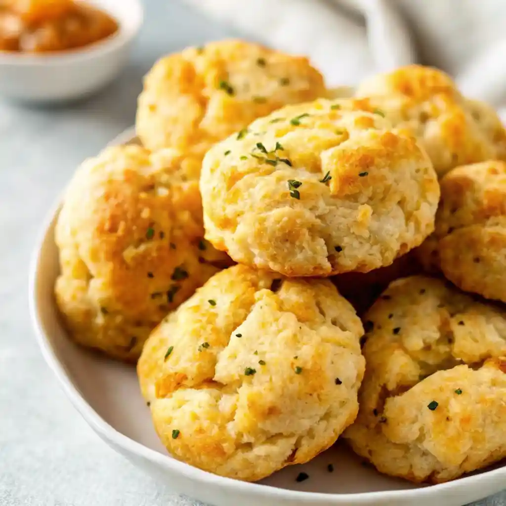 Golden brown cheddar bay biscuit cooling on a baking tray.