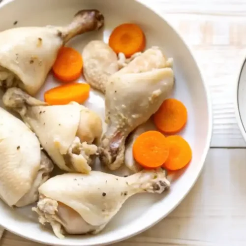 Step-by-step view showing how to boil chicken thighs perfectly in a pot of simmering broth.