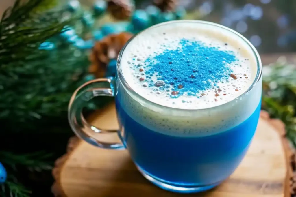 A glass of indigo-colored drink made from The Persian Blue Salt Trick Recipe, glowing under soft kitchen light.