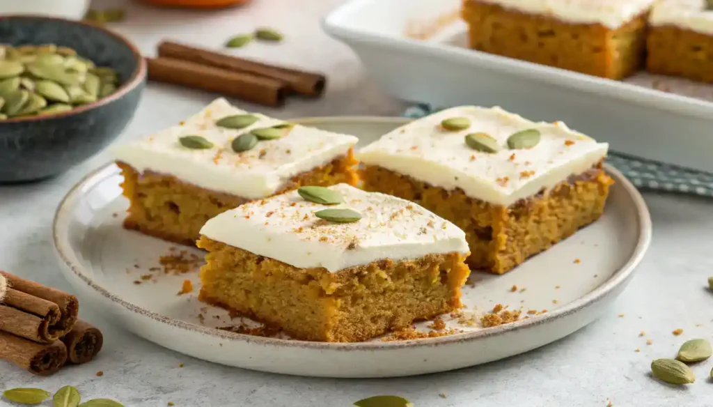 Sliced Pumpkin Bars with Cream Cheese Frosting ready to serve.