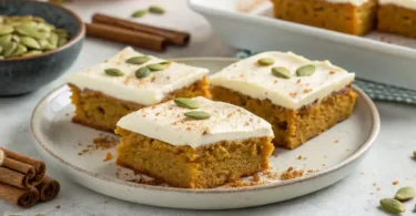 Sliced Pumpkin Bars with Cream Cheese Frosting ready to serve.