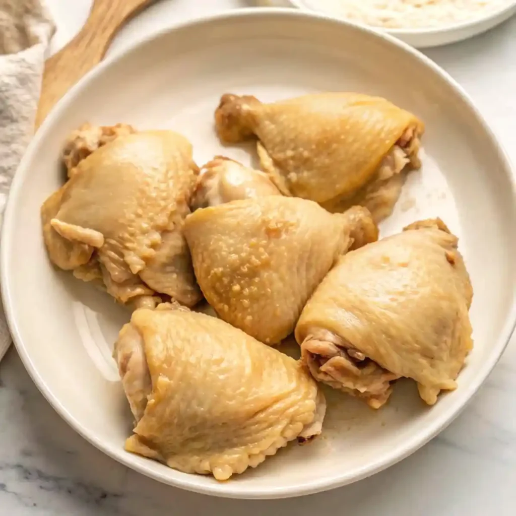 Juicy boiled chicken thighs served with golden broth and fresh herbs for a healthy meal.